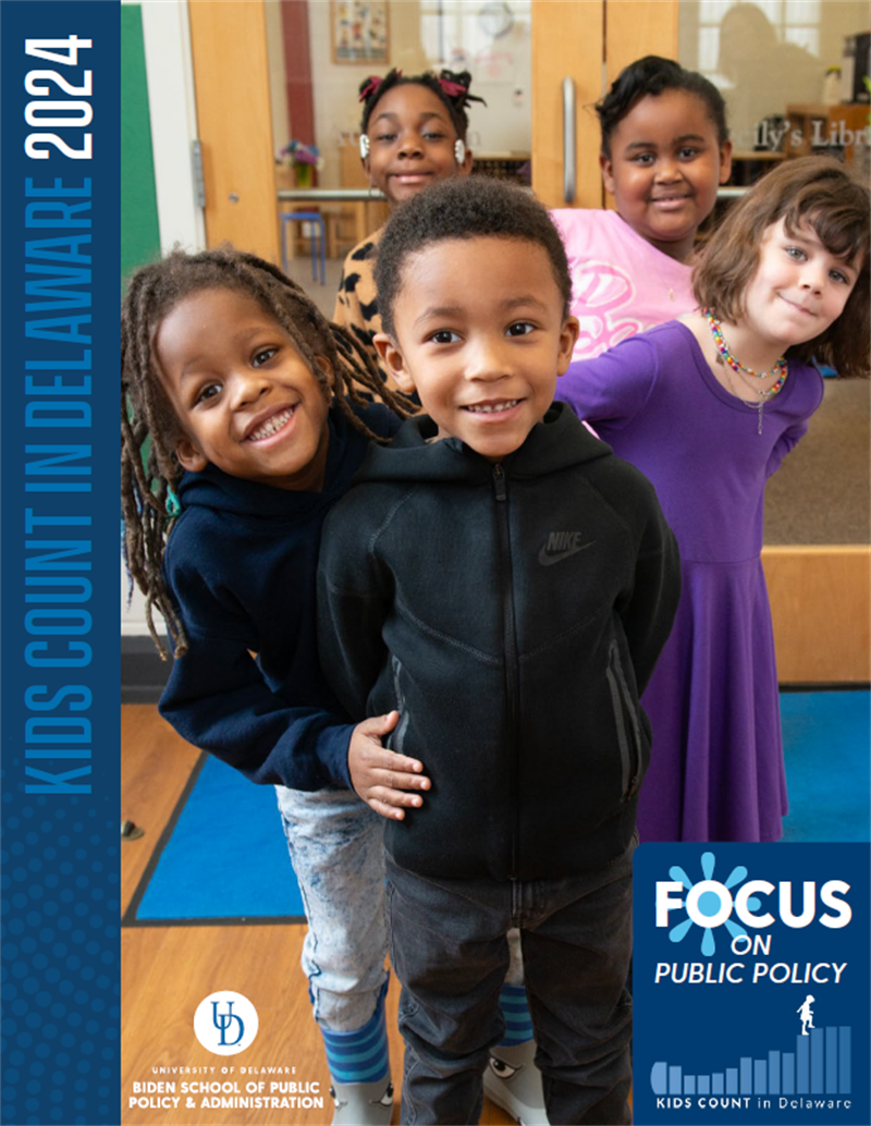 KIDS COUNT in Delaware 2024 FOCUS on Public Policy book cover with image of 5 children in a line, fanned out to see photographer
