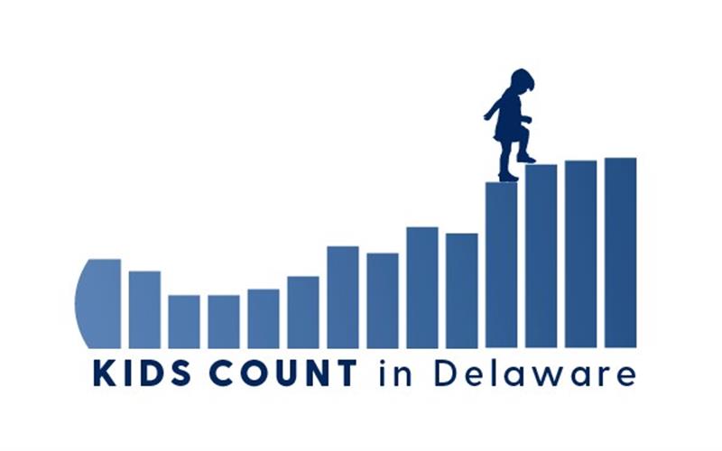 KIDS COUNT in Delaware logo- bar chart of state of Delaware outline tilted on side with child siloughette stepping up from one bar to the next